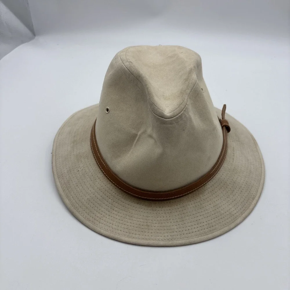 Vintage Stetson Safari Hat Canvas Made in USA Brown Leather Band 7 1/4 - 7 3/8